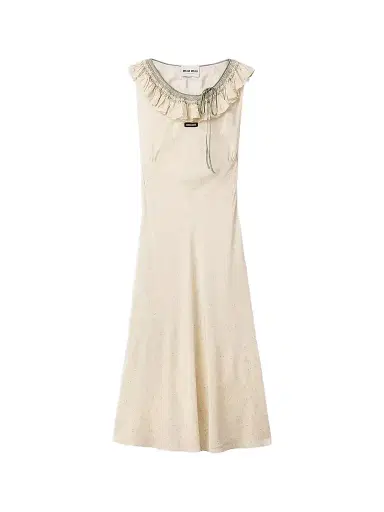Miu Miu Women's Embroidered Marocain Crepe Dress - Beige Khaki | Thumbnail 1 Miu Miu Women's Embroidered Marocain Crepe Dress - Beige Khaki | Thumbnail 1