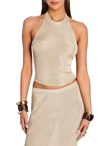 SEROYA Women's Minnie Metallic Knit Halterneck Top - Gold | Thumbnail 3 SEROYA Women's Minnie Metallic Knit Halterneck Top - Gold | Thumbnail 3