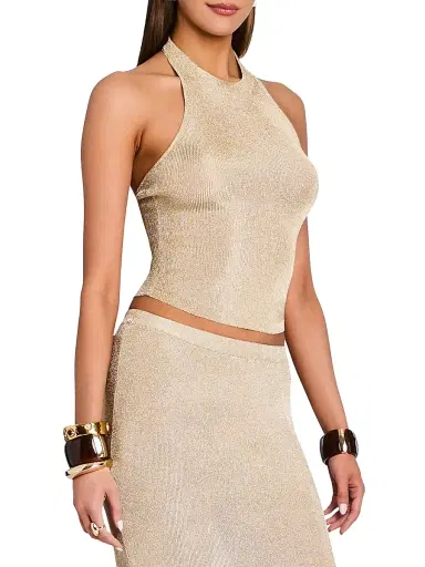 SEROYA Women's Minnie Metallic Knit Halterneck Top - Gold | Thumbnail 4 SEROYA Women's Minnie Metallic Knit Halterneck Top - Gold | Thumbnail 4