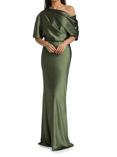 Amsale Women's Satin One-Shoulder Gown - Olive | Thumbnail 2 Amsale Women's Satin One-Shoulder Gown - Olive | Thumbnail 2