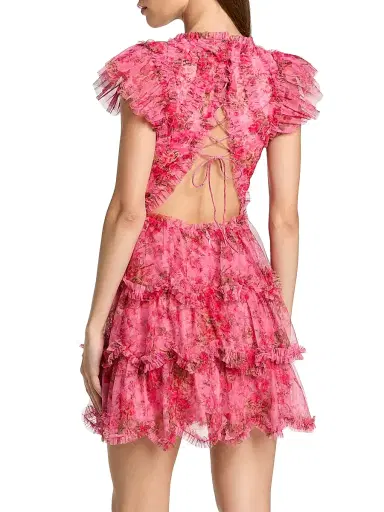 Mac Duggal Women's Floral-Mesh Ruffle Minidress - Pink Multi | Thumbnail 2 Mac Duggal Women's Floral-Mesh Ruffle Minidress - Pink Multi | Thumbnail 2