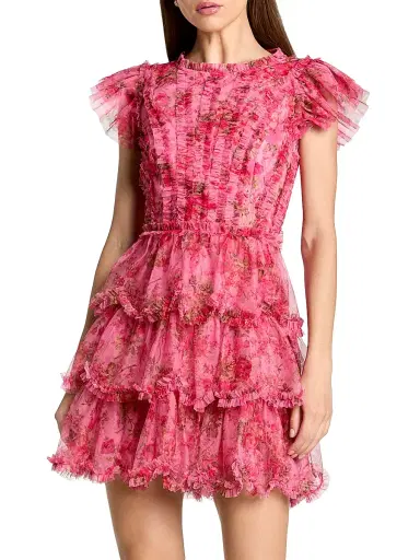Mac Duggal Women's Floral-Mesh Ruffle Minidress - Pink Multi | Thumbnail 1 Mac Duggal Women's Floral-Mesh Ruffle Minidress - Pink Multi | Thumbnail 1