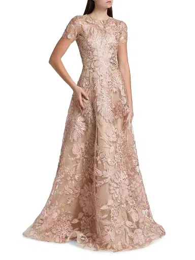 Naeem Khan Women's Floral-Embroidered Short-Sleeve Gown - Pink Multi | Thumbnail 2 Naeem Khan Women's Floral-Embroidered Short-Sleeve Gown - Pink Multi | Thumbnail 2