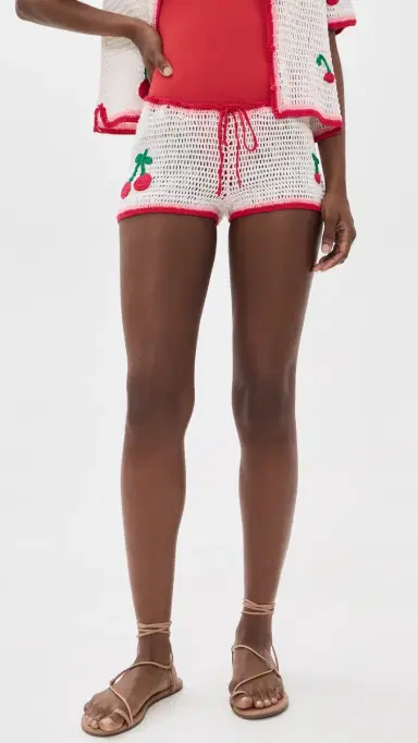 Leslie Amon Ruby Crochet Coverup Shorts White and Red | Thumbnail 2 Leslie Amon Ruby Crochet Coverup Shorts White and Red | Thumbnail 2