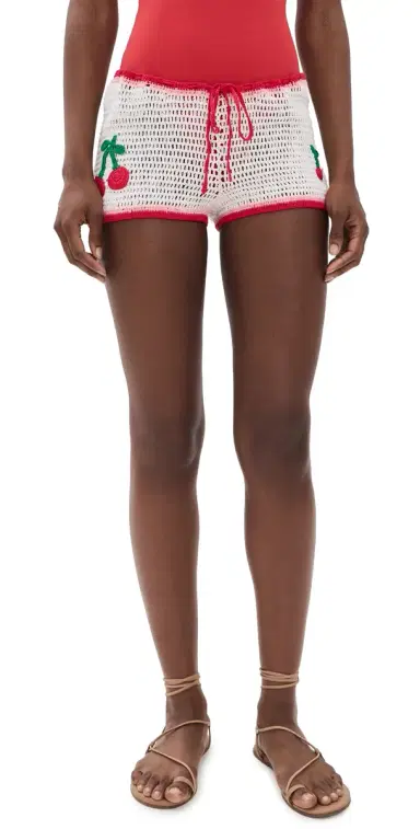 Leslie Amon Ruby Crochet Coverup Shorts White and Red | Thumbnail 1 Leslie Amon Ruby Crochet Coverup Shorts White and Red | Thumbnail 1