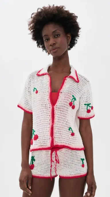 Leslie Amon Ruby Crochet Coverup Shirt White and Red | Thumbnail 2 Leslie Amon Ruby Crochet Coverup Shirt White and Red | Thumbnail 2