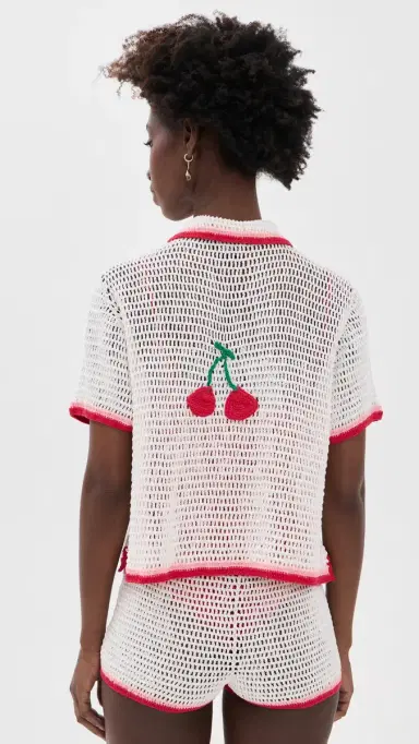 Leslie Amon Ruby Crochet Coverup Shirt White and Red | Thumbnail 3 Leslie Amon Ruby Crochet Coverup Shirt White and Red | Thumbnail 3