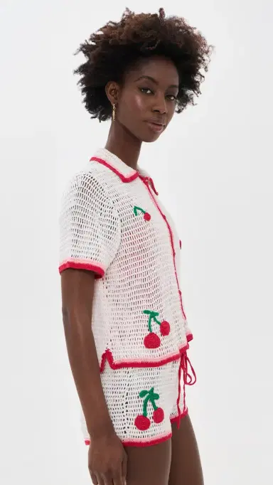 Leslie Amon Ruby Crochet Coverup Shirt White and Red | Thumbnail 4 Leslie Amon Ruby Crochet Coverup Shirt White and Red | Thumbnail 4