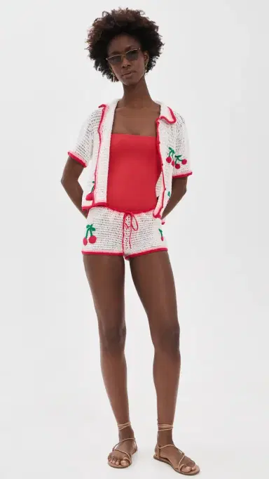 Leslie Amon Ruby Crochet Coverup Shirt White and Red | Thumbnail 5 Leslie Amon Ruby Crochet Coverup Shirt White and Red | Thumbnail 5
