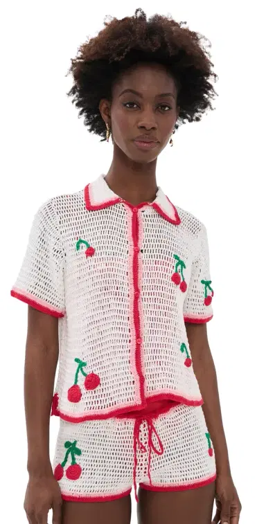 Leslie Amon Ruby Crochet Coverup Shirt White and Red | Thumbnail 1 Leslie Amon Ruby Crochet Coverup Shirt White and Red | Thumbnail 1