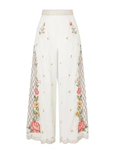 Farm Rio Embroidered Linen-blend Wide-leg Pants | Thumbnail 1 Farm Rio Embroidered Linen-blend Wide-leg Pants | Thumbnail 1
