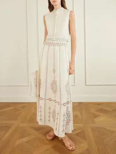 Emporio Sirenuse Camille Embroidered Linen And Cotton-blend Midi Skirt | Thumbnail 2 Emporio Sirenuse Camille Embroidered Linen And Cotton-blend Midi Skirt | Thumbnail 2