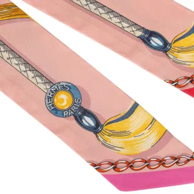 HERMÈS Hermes "Cavalcades" Bleu, Rose Poudre, Jaune D'or Multi Silk Twilly | Thumbnail 3 HERMÈS Hermes "Cavalcades" Bleu, Rose Poudre, Jaune D'or Multi Silk Twilly | Thumbnail 3