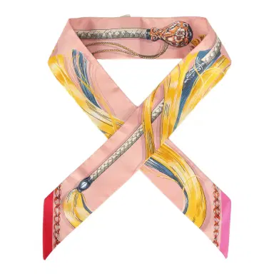 HERMÈS Hermes "Cavalcades" Bleu, Rose Poudre, Jaune D'or Multi Silk Twilly | Thumbnail 1 HERMÈS Hermes "Cavalcades" Bleu, Rose Poudre, Jaune D'or Multi Silk Twilly | Thumbnail 1