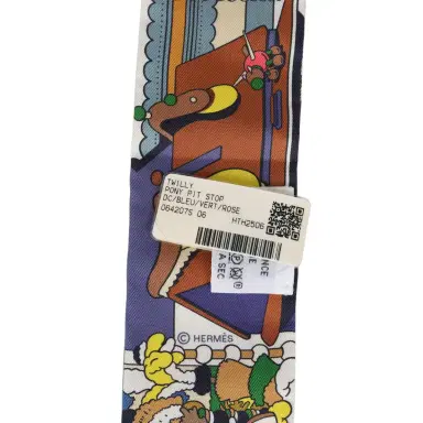 HERMÈS Hermes "Pony Pit Stop" Bleu, Vert and Rose Multi Silk Twilly | Thumbnail 4 HERMÈS Hermes "Pony Pit Stop" Bleu, Vert and Rose Multi Silk Twilly | Thumbnail 4
