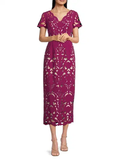 Shani Women's Floral Crepe Laser-Cut Midi-Dress - Raspberry Beige | Thumbnail 2 Shani Women's Floral Crepe Laser-Cut Midi-Dress - Raspberry Beige | Thumbnail 2