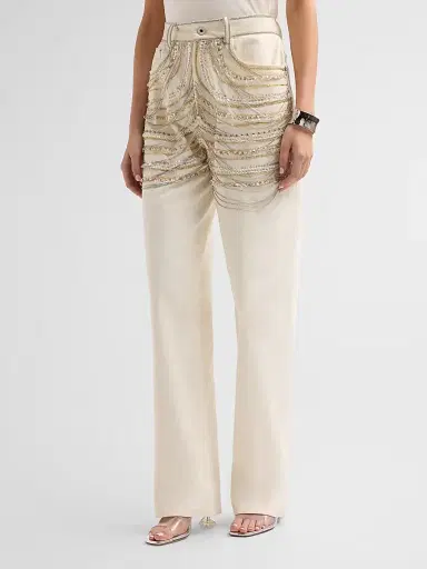 Lapointe Women's Beaded Chains Straight-Leg Jeans - Cream - Size 10 | Thumbnail 4 Lapointe Women's Beaded Chains Straight-Leg Jeans - Cream - Size 10 | Thumbnail 4