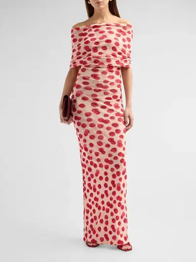 Stella McCartney Women's Raspberry-Print Mesh Off-The-Shoulder Maxi Dress - Raspberry | Thumbnail 2 Stella McCartney Women's Raspberry-Print Mesh Off-The-Shoulder Maxi Dress - Raspberry | Thumbnail 2