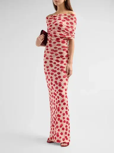 Stella McCartney Women's Raspberry-Print Mesh Off-The-Shoulder Maxi Dress - Raspberry | Thumbnail 4 Stella McCartney Women's Raspberry-Print Mesh Off-The-Shoulder Maxi Dress - Raspberry | Thumbnail 4