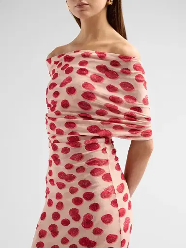 Stella McCartney Women's Raspberry-Print Mesh Off-The-Shoulder Maxi Dress - Raspberry | Thumbnail 5 Stella McCartney Women's Raspberry-Print Mesh Off-The-Shoulder Maxi Dress - Raspberry | Thumbnail 5