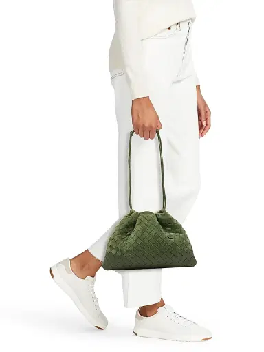 Bottega Veneta Women's Intrecciato Suede Drawstring Pouch - Green Tweed Gold | Thumbnail 2 Bottega Veneta Women's Intrecciato Suede Drawstring Pouch - Green Tweed Gold | Thumbnail 2