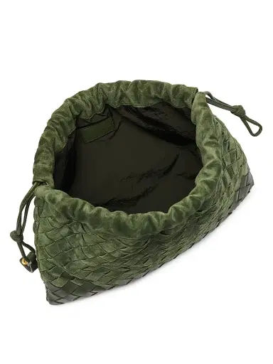 Bottega Veneta Women's Intrecciato Suede Drawstring Pouch - Green Tweed Gold | Thumbnail 3 Bottega Veneta Women's Intrecciato Suede Drawstring Pouch - Green Tweed Gold | Thumbnail 3