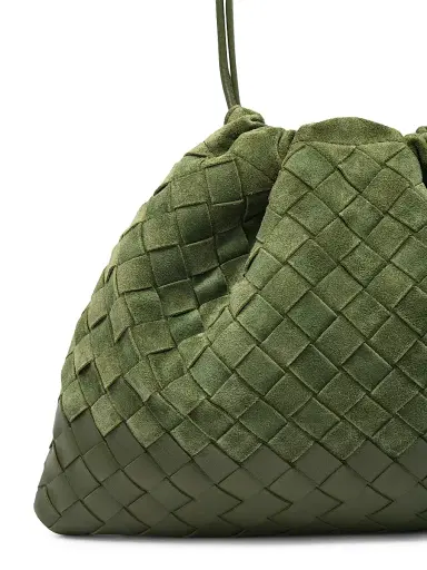 Bottega Veneta Women's Intrecciato Suede Drawstring Pouch - Green Tweed Gold | Thumbnail 7 Bottega Veneta Women's Intrecciato Suede Drawstring Pouch - Green Tweed Gold | Thumbnail 7