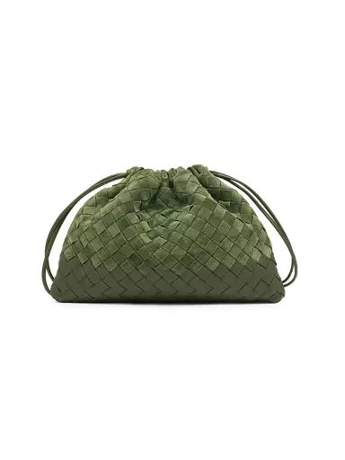 Bottega Veneta Women's Intrecciato Suede Drawstring Pouch - Green Tweed Gold | Thumbnail 1 Bottega Veneta Women's Intrecciato Suede Drawstring Pouch - Green Tweed Gold | Thumbnail 1