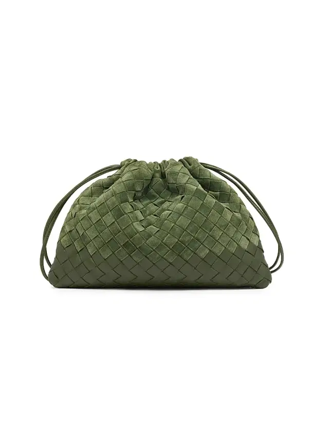 Women's Intrecciato Suede Drawstring Pouch - Green Tweed Gold Women's Intrecciato Suede Drawstring Pouch - Green Tweed Gold