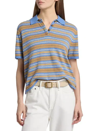 Guest in Residence Women's Striped Cotton-Cashmere Polo Shirt - Delft Blue Combo | Thumbnail 3 Guest in Residence Women's Striped Cotton-Cashmere Polo Shirt - Delft Blue Combo | Thumbnail 3
