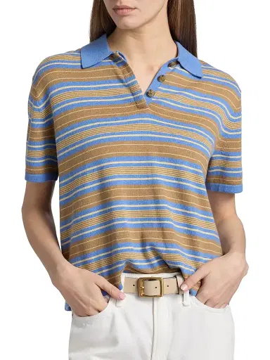 Guest in Residence Women's Striped Cotton-Cashmere Polo Shirt - Delft Blue Combo | Thumbnail 6 Guest in Residence Women's Striped Cotton-Cashmere Polo Shirt - Delft Blue Combo | Thumbnail 6