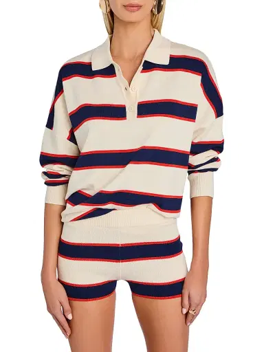SEROYA Women's Taby Striped Ribbed Polo Sweater - Eggshell Stripe | Thumbnail 3 SEROYA Women's Taby Striped Ribbed Polo Sweater - Eggshell Stripe | Thumbnail 3