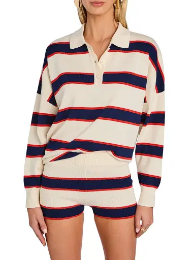 SEROYA Women's Taby Striped Ribbed Polo Sweater - Eggshell Stripe | Thumbnail 4 SEROYA Women's Taby Striped Ribbed Polo Sweater - Eggshell Stripe | Thumbnail 4