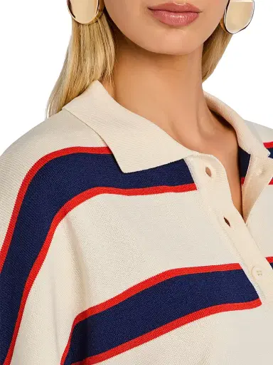 SEROYA Women's Taby Striped Ribbed Polo Sweater - Eggshell Stripe | Thumbnail 7 SEROYA Women's Taby Striped Ribbed Polo Sweater - Eggshell Stripe | Thumbnail 7