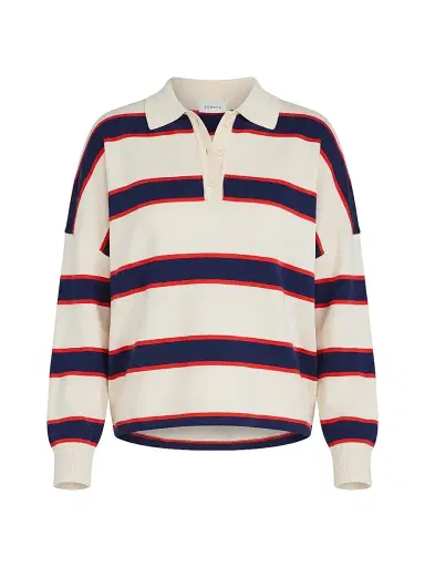 SEROYA Women's Taby Striped Ribbed Polo Sweater - Eggshell Stripe | Thumbnail 1 SEROYA Women's Taby Striped Ribbed Polo Sweater - Eggshell Stripe | Thumbnail 1