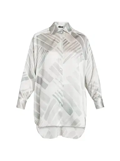 Kiton Women's Abstract Silk Oversized Long-Sleeve Shirt - Greyazure - Size 8 | Thumbnail 1 Kiton Women's Abstract Silk Oversized Long-Sleeve Shirt - Greyazure - Size 8 | Thumbnail 1