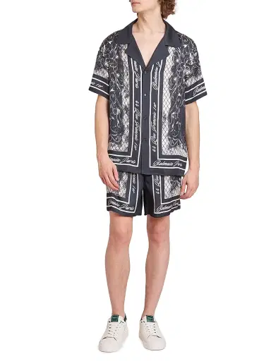 Balmain Men's Foulard Satin Pajama Shorts - Gris Fonce Blanc | Thumbnail 2 Balmain Men's Foulard Satin Pajama Shorts - Gris Fonce Blanc | Thumbnail 2