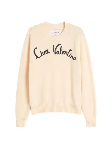 Valentino Garavani Men's Wool Crewneck Sweater with Embroidery - Butter | Thumbnail 1 Valentino Garavani Men's Wool Crewneck Sweater with Embroidery - Butter | Thumbnail 1