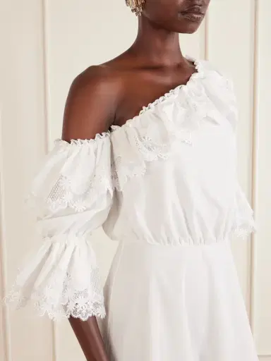 Saint Laurent One-shoulder Guipure-lace Trimmed Cotton-poplin Mini Dress | Thumbnail 4 Saint Laurent One-shoulder Guipure-lace Trimmed Cotton-poplin Mini Dress | Thumbnail 4