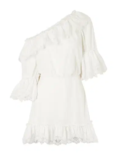 Saint Laurent One-shoulder Guipure-lace Trimmed Cotton-poplin Mini Dress | Thumbnail 1 Saint Laurent One-shoulder Guipure-lace Trimmed Cotton-poplin Mini Dress | Thumbnail 1