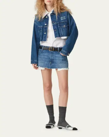 Miu Miu Logo Cropped Denim Jacket | Thumbnail 2 Miu Miu Logo Cropped Denim Jacket | Thumbnail 2