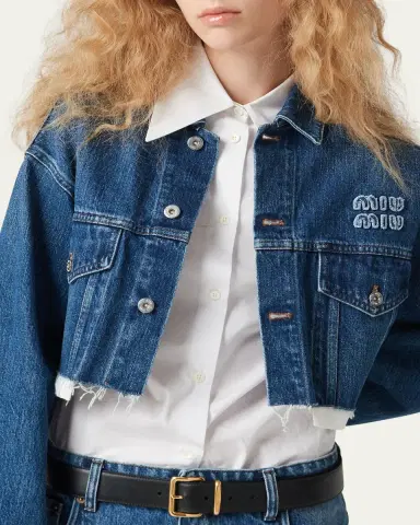 Miu Miu Logo Cropped Denim Jacket | Thumbnail 4 Miu Miu Logo Cropped Denim Jacket | Thumbnail 4