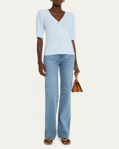 FRAME Rib Ruched Short-Sleeve Henley Top | Thumbnail 2 FRAME Rib Ruched Short-Sleeve Henley Top | Thumbnail 2