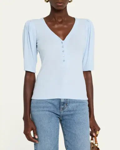 FRAME Rib Ruched Short-Sleeve Henley Top | Thumbnail 4 FRAME Rib Ruched Short-Sleeve Henley Top | Thumbnail 4