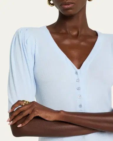 FRAME Rib Ruched Short-Sleeve Henley Top | Thumbnail 5 FRAME Rib Ruched Short-Sleeve Henley Top | Thumbnail 5