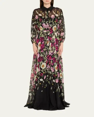 Rickie Freeman for Teri Jon Floral-Print Chiffon Shirt Gown | Thumbnail 2 Rickie Freeman for Teri Jon Floral-Print Chiffon Shirt Gown | Thumbnail 2
