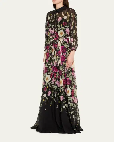 Rickie Freeman for Teri Jon Floral-Print Chiffon Shirt Gown | Thumbnail 4 Rickie Freeman for Teri Jon Floral-Print Chiffon Shirt Gown | Thumbnail 4