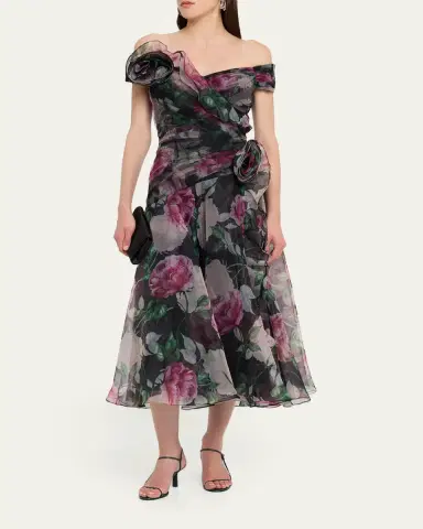 Rickie Freeman for Teri Jon Off-Shoulder Pleated Organza Midi Dress | Thumbnail 2 Rickie Freeman for Teri Jon Off-Shoulder Pleated Organza Midi Dress | Thumbnail 2