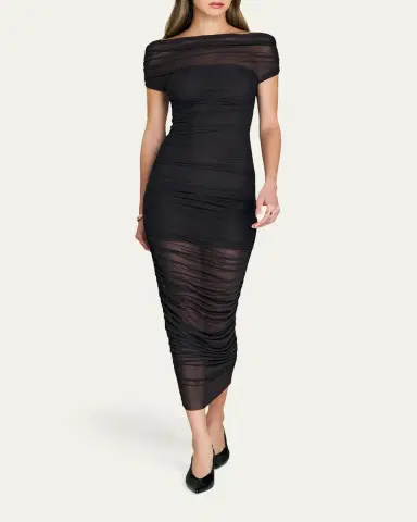 SEROYA Noel Off-Shoulder Ruched Mesh Midi Dress | Thumbnail 2 SEROYA Noel Off-Shoulder Ruched Mesh Midi Dress | Thumbnail 2