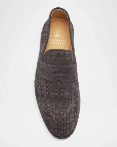 Brunello Cucinelli Men 's Woven Suede Penny Loafers | Thumbnail 2 Brunello Cucinelli Men 's Woven Suede Penny Loafers | Thumbnail 2